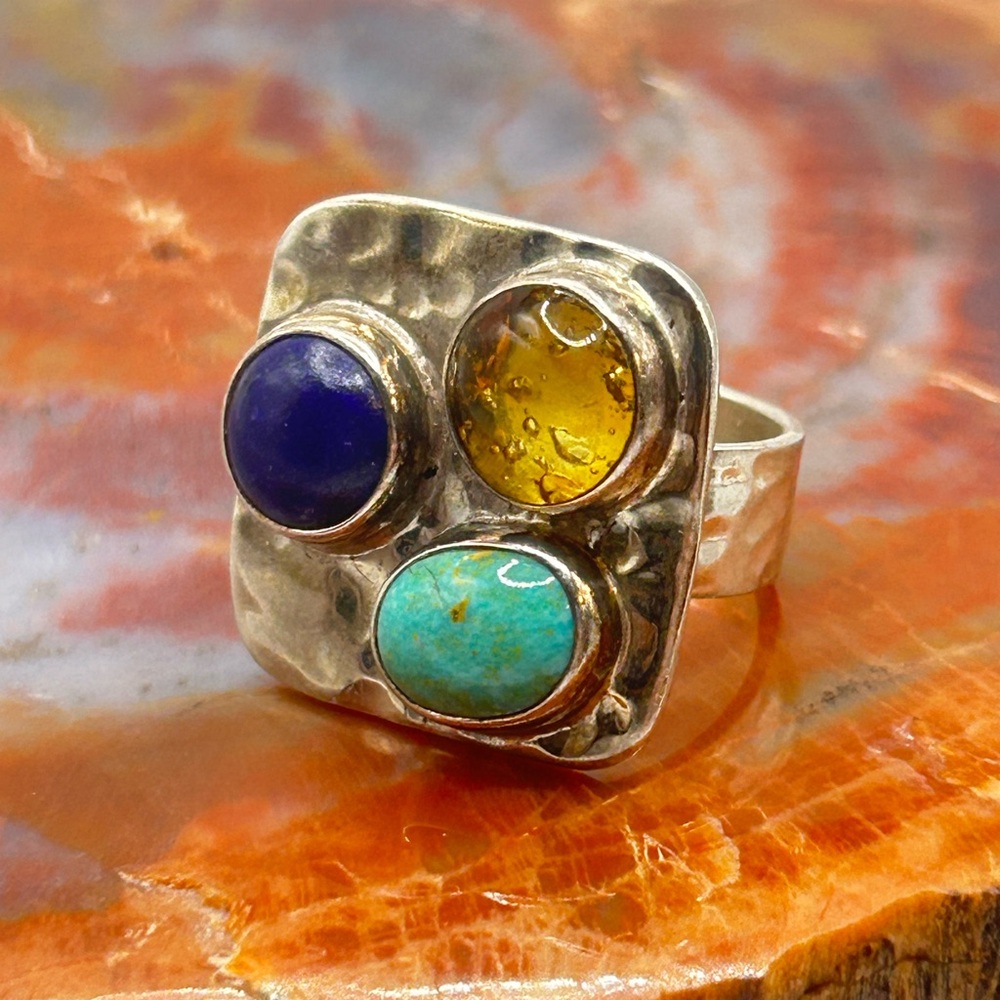 Artistic Multi Gemstone Ring, Sterling Silver - S… - image 1